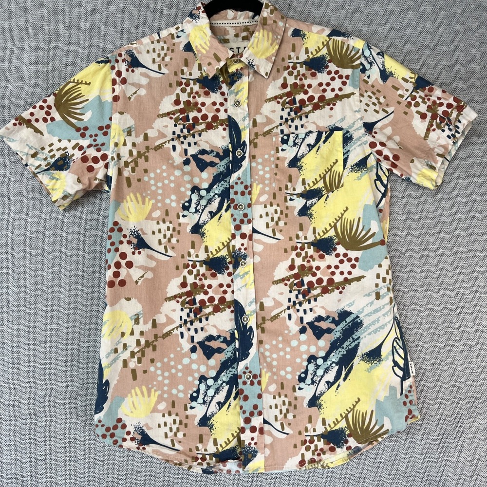 VSTR Premium Men Button Down Shirt Short Sleeves Abstract Mid Century Print S